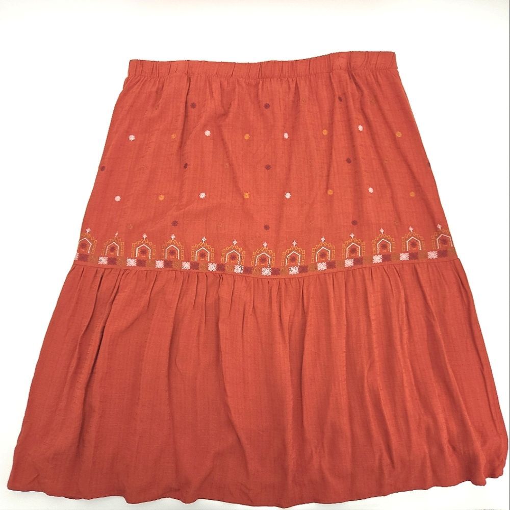 Nurture Tiered Maxi Skirt Womens Size 3X Orange Red Embroidered Boho Peasant - Picture 3 of 10